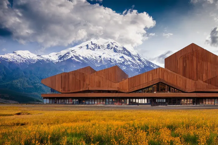 Image similar to architecture photo modern fachwerk wooden giant opera building settlement with Elbrus mountain on the background, architecture, photorealism 8k , shining and happy atmosphere, uplight, high details