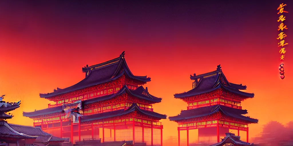 Prompt: chinese temple architecture with cyberpunk neon signs, orange sky, japanese town, cinematic view, concept art, high detail, well lit, volumetric, godrays, vivid, sunrise, trending on artstation, by jordan grimmer, art greg rutkowski