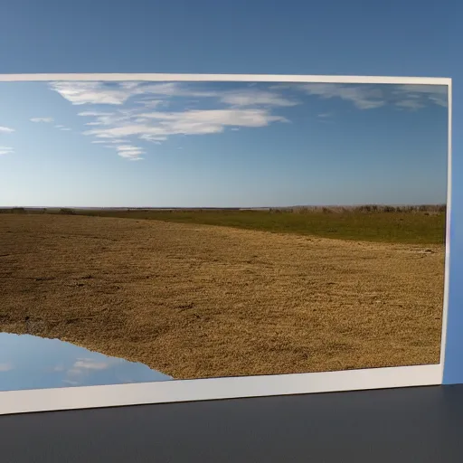 Prompt: a still plain which is a large mirror encompassing everything up to the horizon, with a blue sky above it and perfectly reflected within it, no greenery, no plants, no grass, no trees