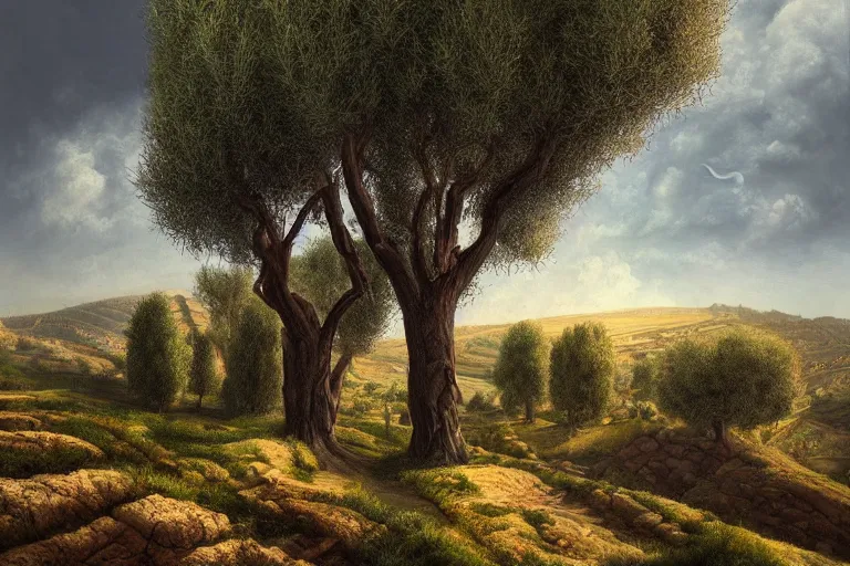 Image similar to beautiful amazing mind-bending stunning inspiring painting of a traditional hilly rural town landscape with many olive trees!, fantasy, painted in photoshop, digital art, hyperrealistic, sharpened, highly detailed, cinematic, wide angle, warm lighting, trending on artstation