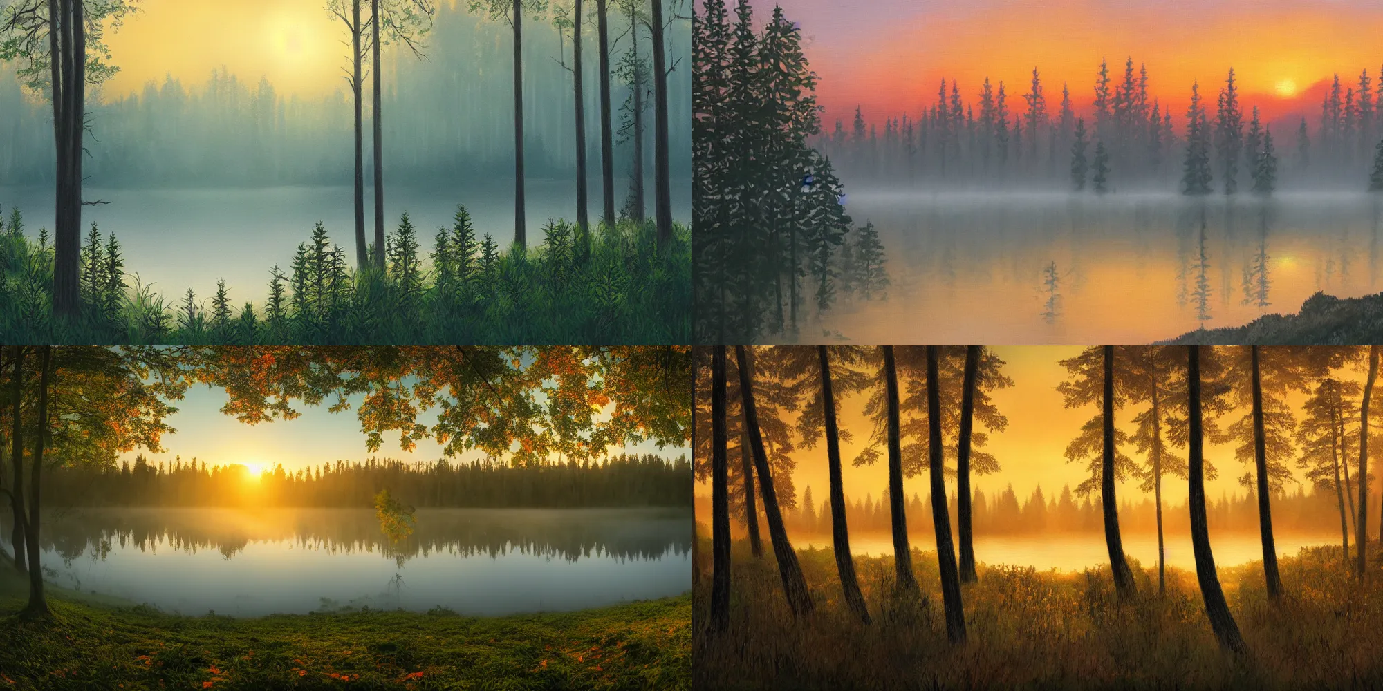 Prompt: forest with lake, fog and sunset backlight, detailed panorama painting by ottawa animation