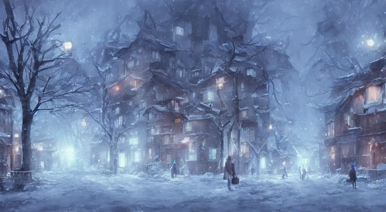 Prompt: The Melancholic Village in a Blizzard, Anime concept art by Makoto Shinkai