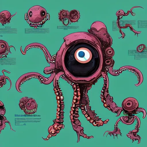 Prompt: official character sheets for an old dumbo squid biomech, digital 2 d screen smiley robot face, mechanical heart in center, covered in coral and barnacles, worn stickers, scratches, damage, art by tim schafer black velvetopia art for psychonauts from double fine studios, art by splatoon from nintendo, black light rave, adult character, apocalypse