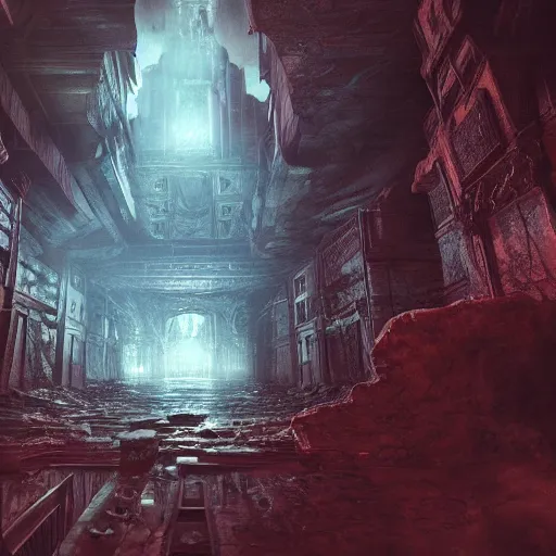 Image similar to inception lovecraft city carved from rock underground another inverted upside down above, artstation, cinematic warm volumetric lighting