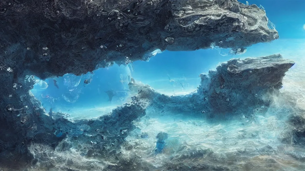 Image similar to clear blue ocean waters splitting apart to reveal ocean floor, whimsical surrealism, dream recording, 4 k, award - winning, octane render, deep - space imaging, intricate geometry, fantastical setting, otherwordly, art by salvador dali, by greg rutkowski