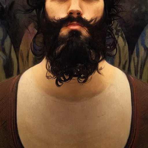 Image similar to portrait of a man with black hair and beard, looking directly into the camera, background is complete chaos, sharp focus, illustration, art by greg rutkowski and alphonse mucha''