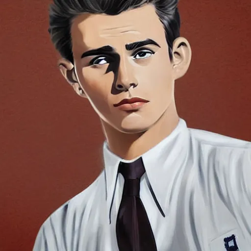 Image similar to a highly detailed epic cinematic concept art CG render digital painting artwork costume design: young James Dean as a well-kept neat perfect formal student in a 1950s USSR school uniform. By Mandy Jurgens, Lim Chuan Shin, Simon Cowell, Barret Frymire, Dan Volbert, Beeple, Butcher Billy, David Villegas, Irina French, Heraldo Ortega, Rachel Walpole, Jeszika Le Vye, trending on ArtStation, excellent composition, cinematic atmosphere, dynamic dramatic cinematic lighting, aesthetic, very inspirational, arthouse