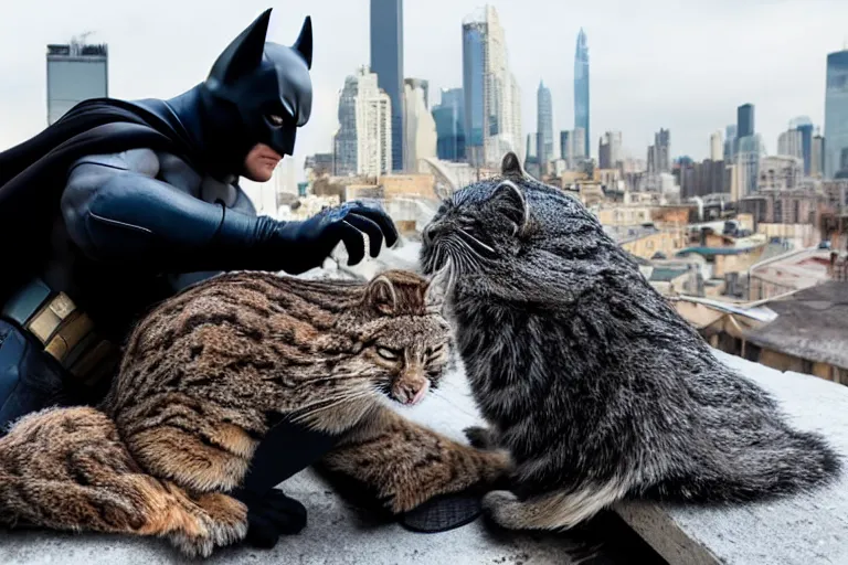 Prompt: Batman petting his Pallas cat on a rooftop, by Emmanuel Lubezki
