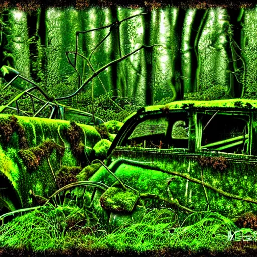 Image similar to an old forgotten junk yard in the forest, with moss and ivy, detailed, realistic digital art,