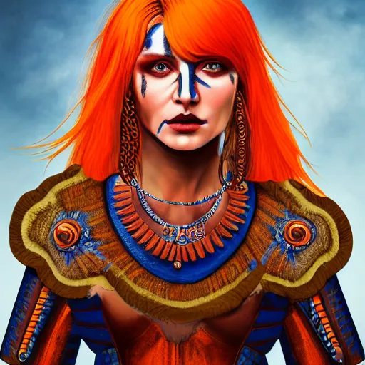 Prompt: illustrated portrait of beautiful ram-horned woman with orange skin and blue hair wearing leather armor, hyper detailed, photorealistic