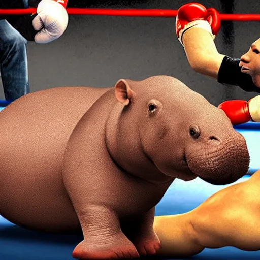 Prompt: Photorealistic hippos in a boxing match