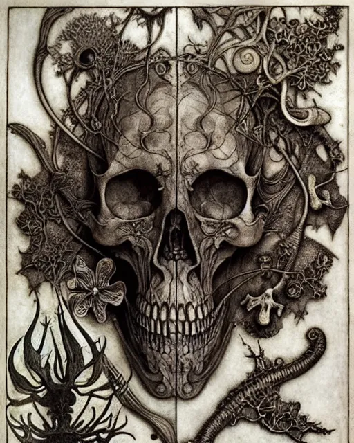 Image similar to memento mori by arthur rackham, art forms of nature by ernst haeckel, exquisitely detailed, art nouveau, gothic, ornately carved beautiful skull dominant, intricately carved antique bone, art nouveau botanicals, ornamental bone carvings, art forms of nature by ernst haeckel, horizontal symmetry, arthur rackham, ernst haeckel, symbolist, visionary