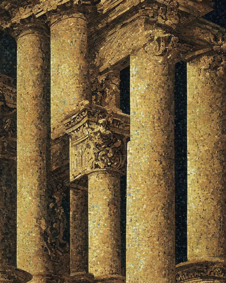 Image similar to achingly beautiful painting of intricate ancient roman corinthian capital on glowing mosaic background by rene magritte, monet, and turner. giovanni battista piranesi.