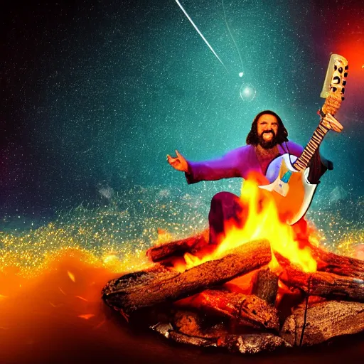 Image similar to bokeh photo of jesus rocking out with electric guitar surrounded by fire, with meteor shower in the background