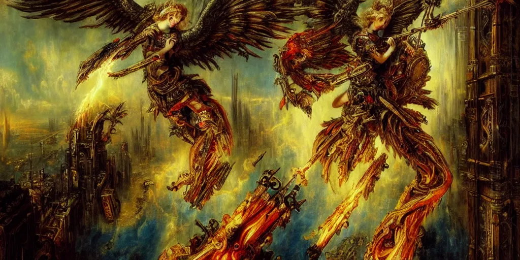 Prompt: Beautiful angel with flaming chainsaw descending on a futuristic city in style of Gustave Moreau. Symbolism, Detailed Art, 8K, Epic, Dynamic Lightning.