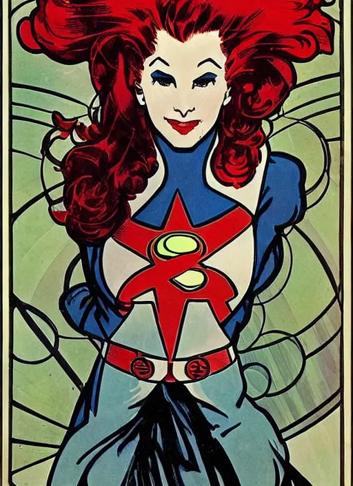 Image similar to a woman with red hair. she is a superhero, wearing a superhero costume. well composed, clean elegant painting, beautiful detailed face. retro comic book art by steve ditko and jack kirby and ( alphonse mucha )