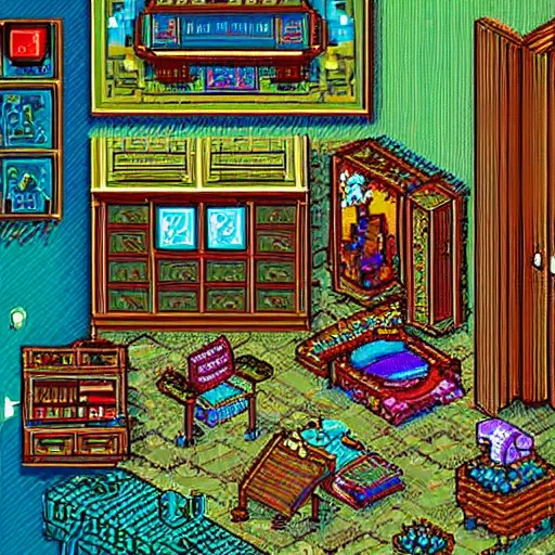 Prompt: 9 0 s bedroom, beautiful detailed pixel art, intricate details, beautiful, dithered gradients, volumetric lighting, 3 d illustration, old school computer game graphics, crpg, d & d, pixel art