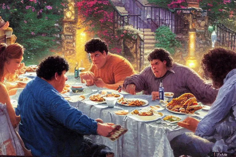 Prompt: thomas kinkade painting of andre the giant eating tacos at a small table