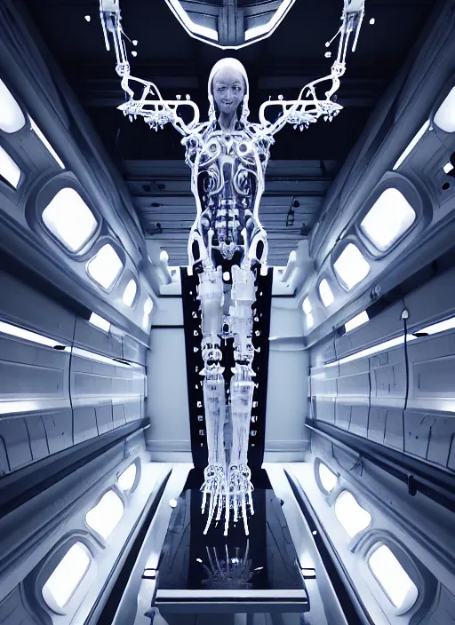 Prompt: dark high detailed space station interior a statue jesus on cross made of white marble, perfect symmetrical body, full body shot, inflateble shapes, wires, tubes, veins, jellyfish, white biomechanical details, wearing epic bionic cyborg implants, masterpiece, intricate, biopunk, vogue, highly detailed, artstation, concept art, cyberpunk, octane render