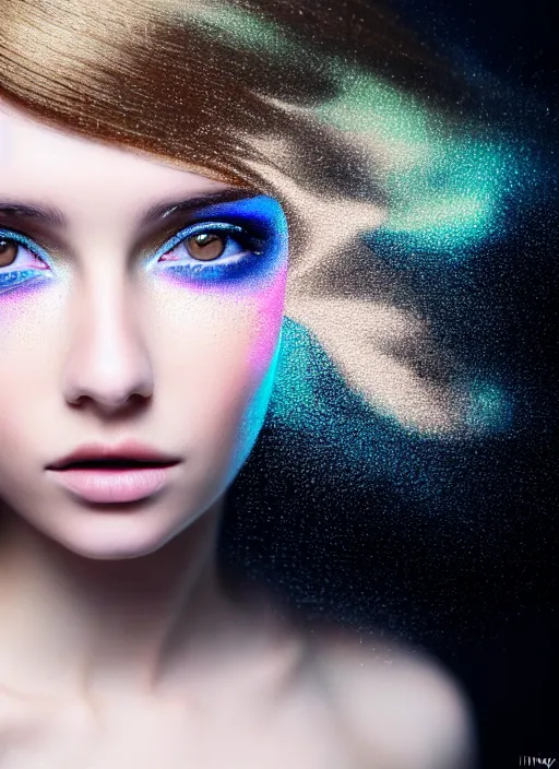 Image similar to a young Russian woman with brunette looking at the camera while in a swirling alternate reality. close-up of face with smokey eyeshadow. soft detailed painting at 16K resolution and amazingly epic visuals. epically beautiful image. amazing effect, image looks gorgeously crisp as far as it's visual fidelity goes, absolutely outstanding. vivid clarity. ultra detail. iridescent. mind-breaking. mega-beautiful pencil shadowing. beautiful face. Ultra High Definition. soft shading. soft texture. intensely beautiful.