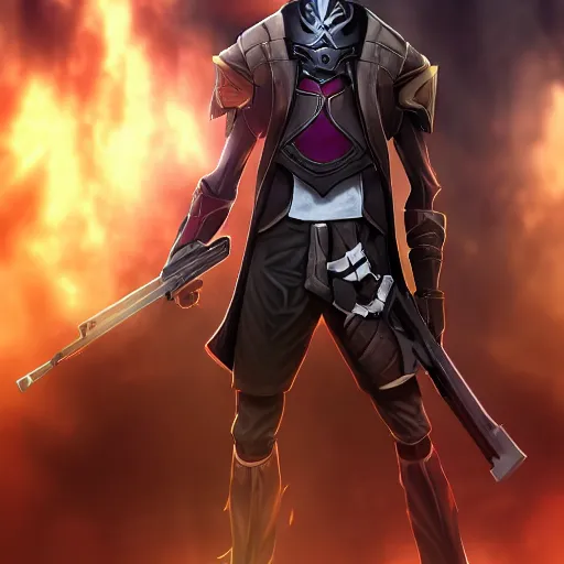 Image similar to jhin from league of legends with his rifle, cinematic shot, 4k detailed, digital art