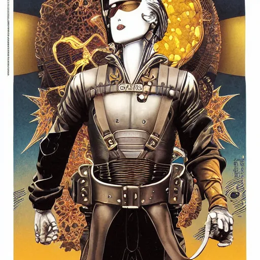 Image similar to portrait of crazy the rocketeer, symmetrical, by yoichi hatakenaka, masamune shirow, josan gonzales and dan mumford, ayami kojima, takato yamamoto, barclay shaw, karol bak, yukito kishiro, jean - baptiste monge