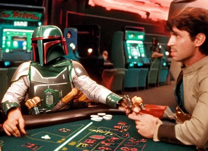 Image similar to film still of Boba Fett gambling in vegas in Star Wars The Empire Strikes Back,