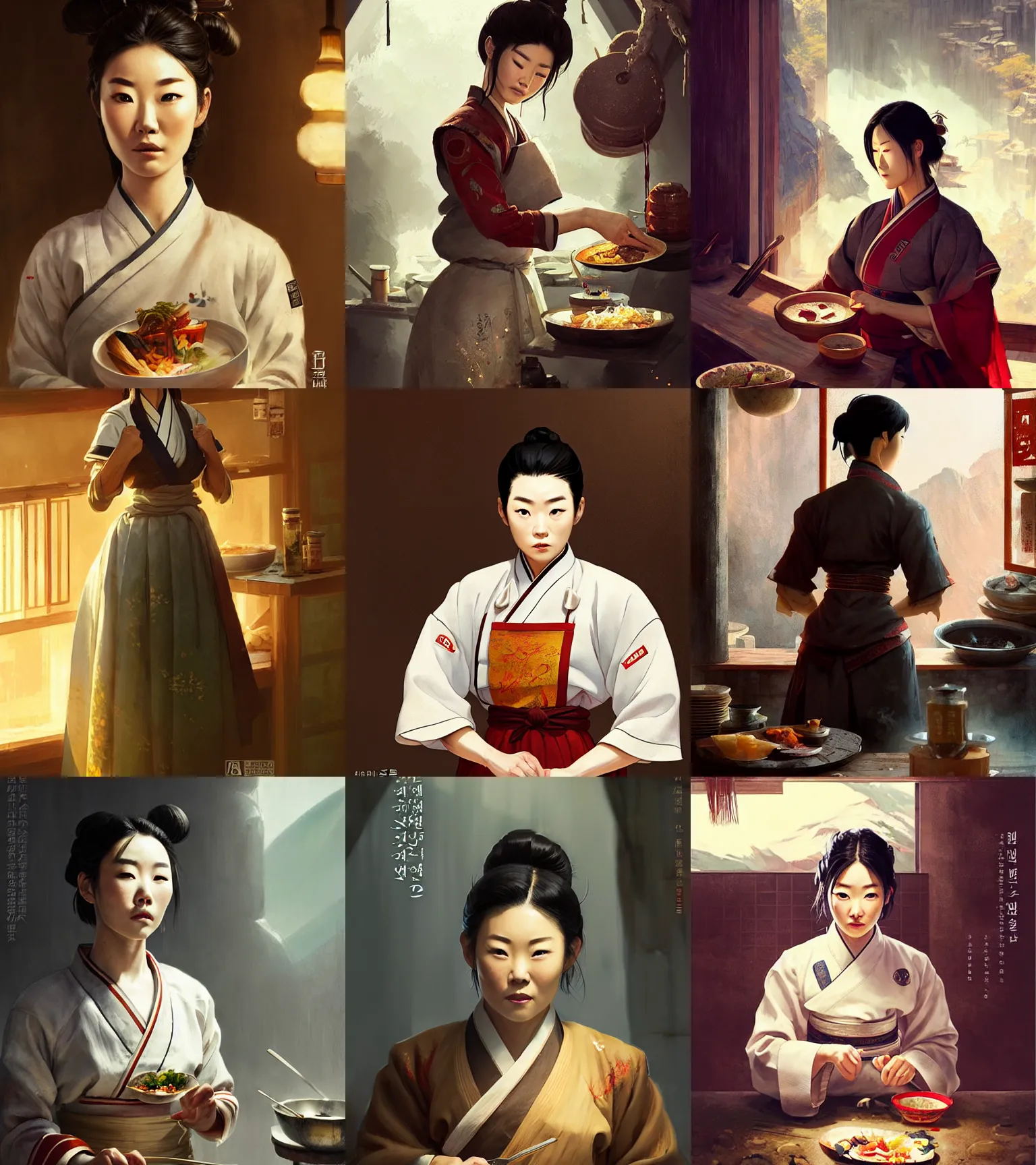 Prompt: a portrait of arden cho chef character in a scenic korean kitchen environment by marco bucci and greg rutkowski and frank frazetta, sharp focus, detailed, cinematic, korean color hanbok