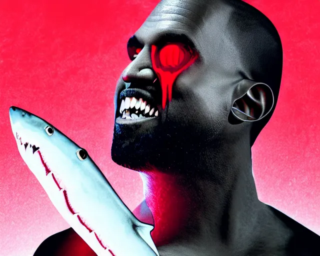 Image similar to Kanye West As A Vampire With Shark Teeth, Red Fluid Dripping From His Mouth, Full Figure, 8K, octane render, HDR, photorealistic, volumetric lighting, Hyperrealistic-H 960
