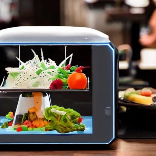 Prompt: machine that 3d prints fancy meals at restaurant table