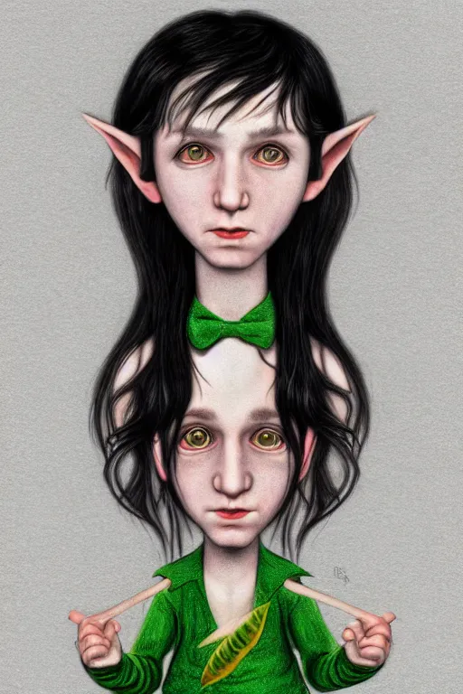 Image similar to multicolor drawing of elf boy with long black hair by mark ryden created at modern world in 4 k ultra high resolution