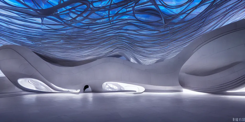 Image similar to extremely detailed awe stunning beautiful futuristic smooth curvilinear elegant museum interior by zaha hadid, translucent gills, stunning volumetric light, stainless steel, concrete, translucent material, beautiful sunset, hyper real, 8k, colorful, 3D cinematic volumetric light, atmospheric light