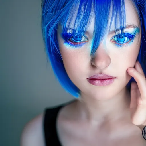 Image similar to teenage girl, blue iris eyes, gradient blue hair, high quality photos, translucent, modelsociety, white radiant skin, rtx on, perfect face, intricate, sony a 7 r iv, symmetric balance, photolab, photography award