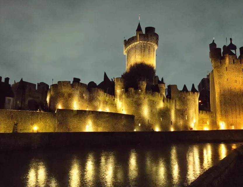 Prompt: close view of gravensteen castle in gent belgium at night, peaceful and serene, incredible perspective, soft lighting, anime scenery by makoto shinkai and studio ghibli, very detailed