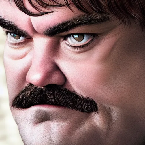 Image similar to beautiful close up still portrait of jack black, highly detailed, realistic, volumetric lighting, 8 k, art, detailed, digital painting, beautiful lighting, vivid colors, intricate, elegant, smooth, sharp focus