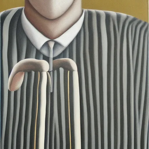 Image similar to a painting of a man wearing striped shirt, a surrealist painting by gertrude abercrombie. surrealism, dark, low contrast, featured on pixiv, precisionism, surrealist, art on instagram, detailed painting