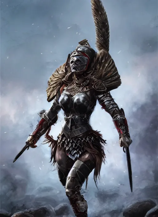 Image similar to angry valkyrie woman warrior in the aftermath battlefield, trending on artstation