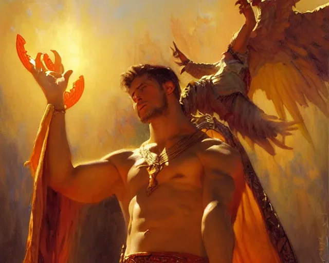 Image similar to attractive pagan male deity, summoning handsome lucifer morning star. highly detailed painting by gaston bussiere, craig mullins, j. c. leyendecker 8 k