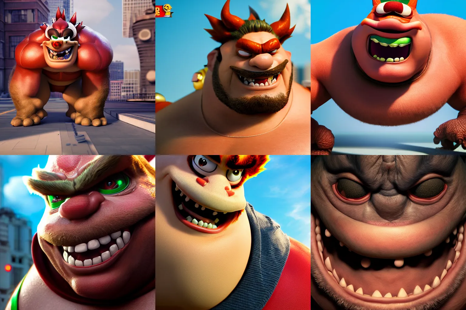 Prompt: incredibly realistic, too detailed face of mr. incredible bowser, octane render, bump mapping, macro image, global illumination, 8 k, bokeh, enki bilal, yuji himukai, jen zee, mohrbacher