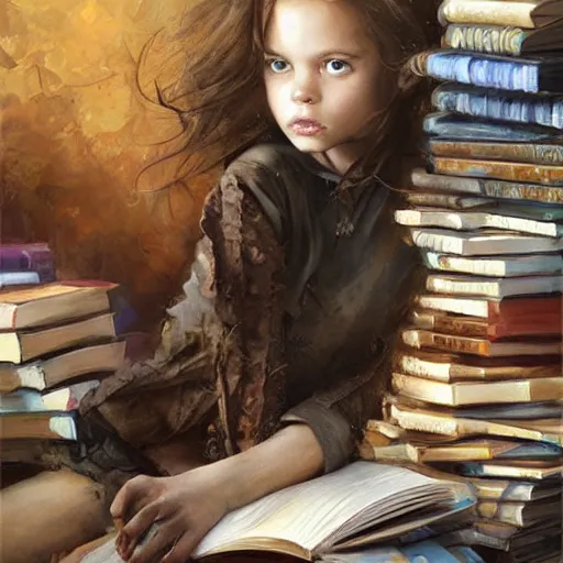 Prompt: a seven year old girl with short curly light brown hair and blue eyes sitting amidst tall piles of books. beautiful painting by raymond swanland and magali villanueve, beautiful detailed face.