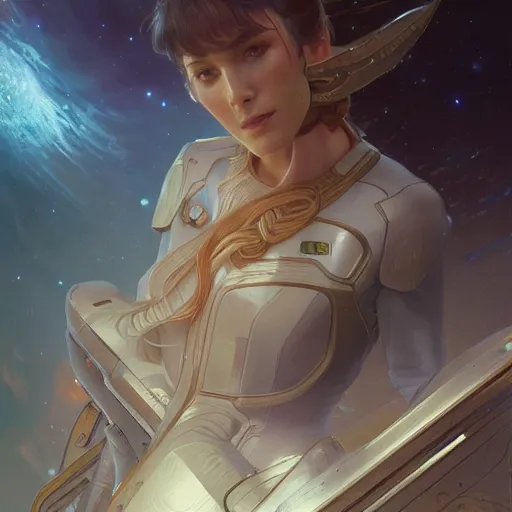 Image similar to ultra realistic illustration, beautiful female starship captain on the bridge, intricate, elegant, highly detailed, digital painting, artstation, concept art, smooth, sharp focus, illustration, art by artgerm and greg rutkowski and alphonse mucha