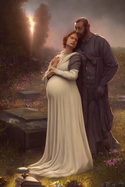 Image similar to a portrait of a pregnant widow next to her husband's grave, illustration, dramatic lighting, soft details, painting oil on canvas, art deco, octane render, HDR, 4k, 8k, HD, by Edmund Blair Leighton, Brom, Charlie Bowater, trending on artstation, faces by Tom Bagshaw, Sargent