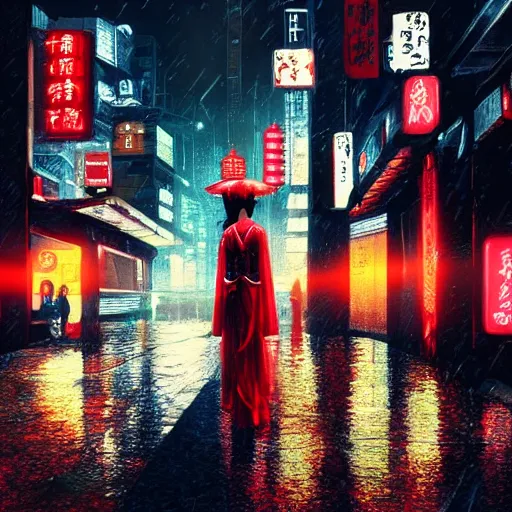 Image similar to geisha in a cyberpunk rainy city at night with a torii in the background, high quality, high detail, 4K, UHD, trending on ArtStation, blade runner vibes, ghost in the shell