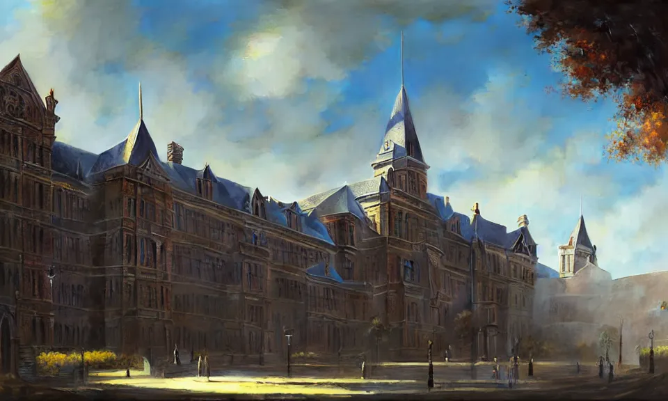 Prompt: a large victorian college building in a town, blue sky, higjly detailed, sunny, volumetric, cinematic lighting, realistic, digital art by greg rutkowski