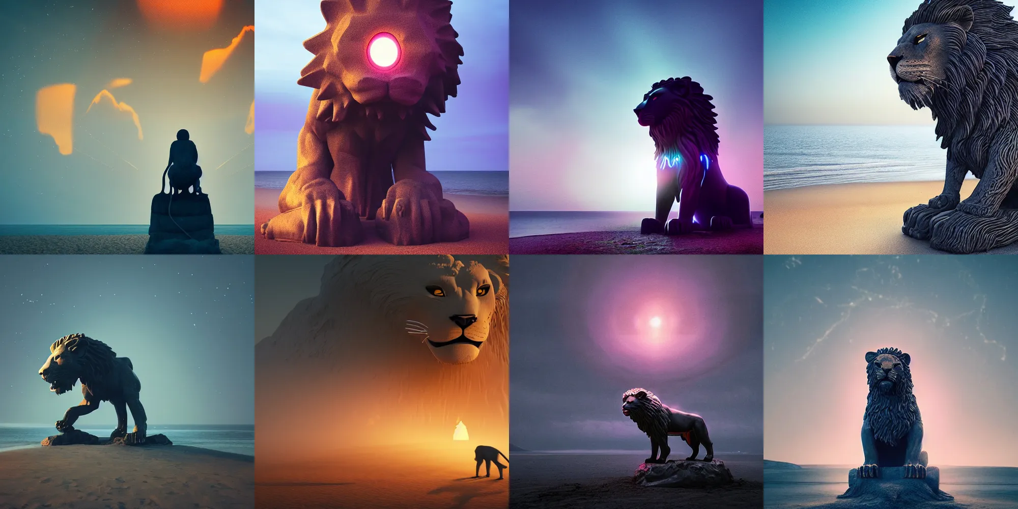 Prompt: beautiful dark beach landscape, giant lion statue glowing eyes, in the style of beeple and Mike Winkelmann, intricate, epic lighting, cinematic composition, hyper realistic, 8k resolution,