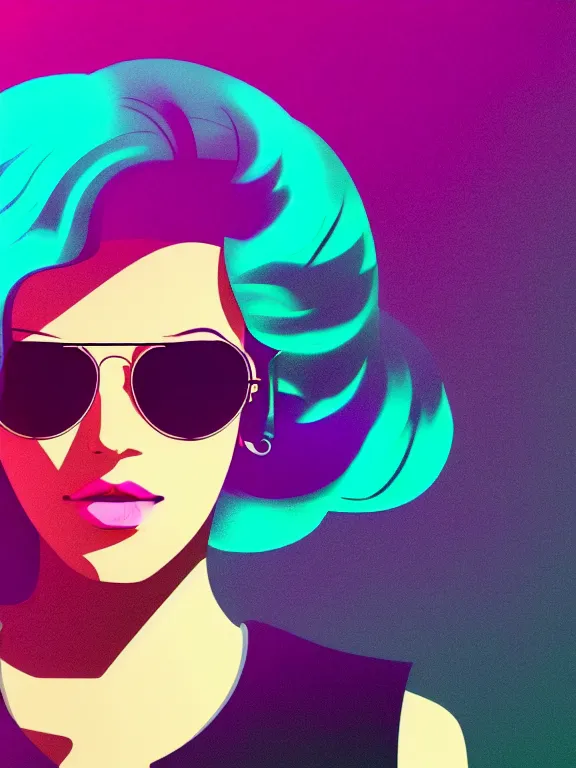 Prompt: flat portrait art of an beautiful muted vaporwave ombre stylish retrofuturistic beautiful woman wearing oversized aviator sunglasses atmosphere, glow, shaded, full of colour, cinematic lighting, trending on artstation, 4 k, focused, vector, by patrick nagel, simple bold clean lines