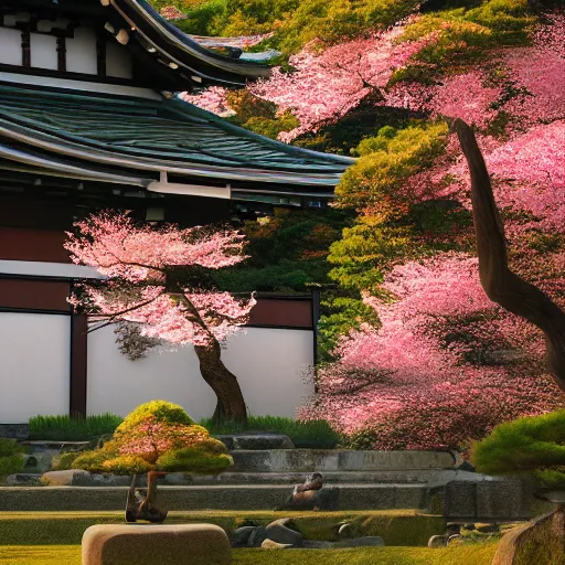 Image similar to landscape japanese house, japanese temple, cherry blossom samurai scene jurgens digital art, golden ratio, art canvas, award winning, masterpiece artstation 8 k 1 5 0 mpx