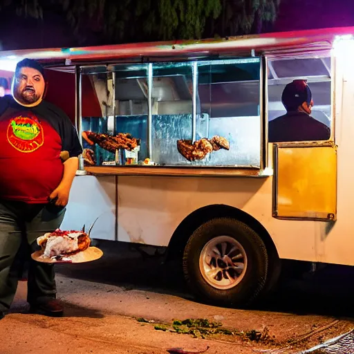 Prompt: obese mexican man showing off tacos de birria next to a food truck in the night, amateur photography with flash,