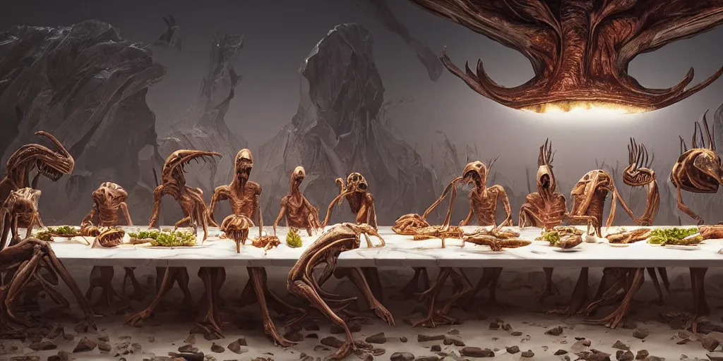 Image similar to !13 hungry aliens enjoying a rich salad around a marble table, !positioned as last supper cinematic lighting, dramatic framing, idilic, fantasy, highly detalied, 4k, artstation, by Wayne Barlowe