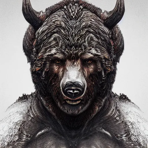 Image similar to photorealistic bear demon in the style of michael whelan and gustave dore. hyperdetailed photorealism, 1 0 8 megapixels, amazing depth, glowing rich colors, powerful imagery, psychedelic overtones, 3 d finalrender, 3 d shading, cinematic lighting, artstation concept art